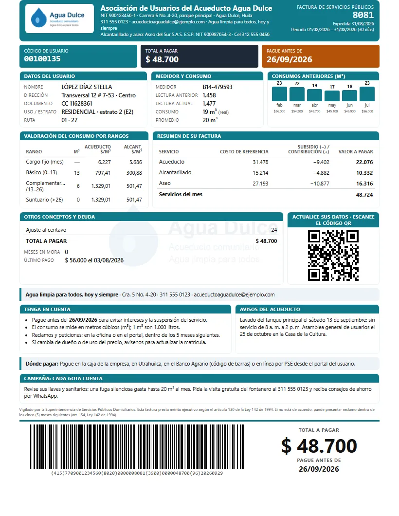 Recibo de servicios públicos generado por Cauce