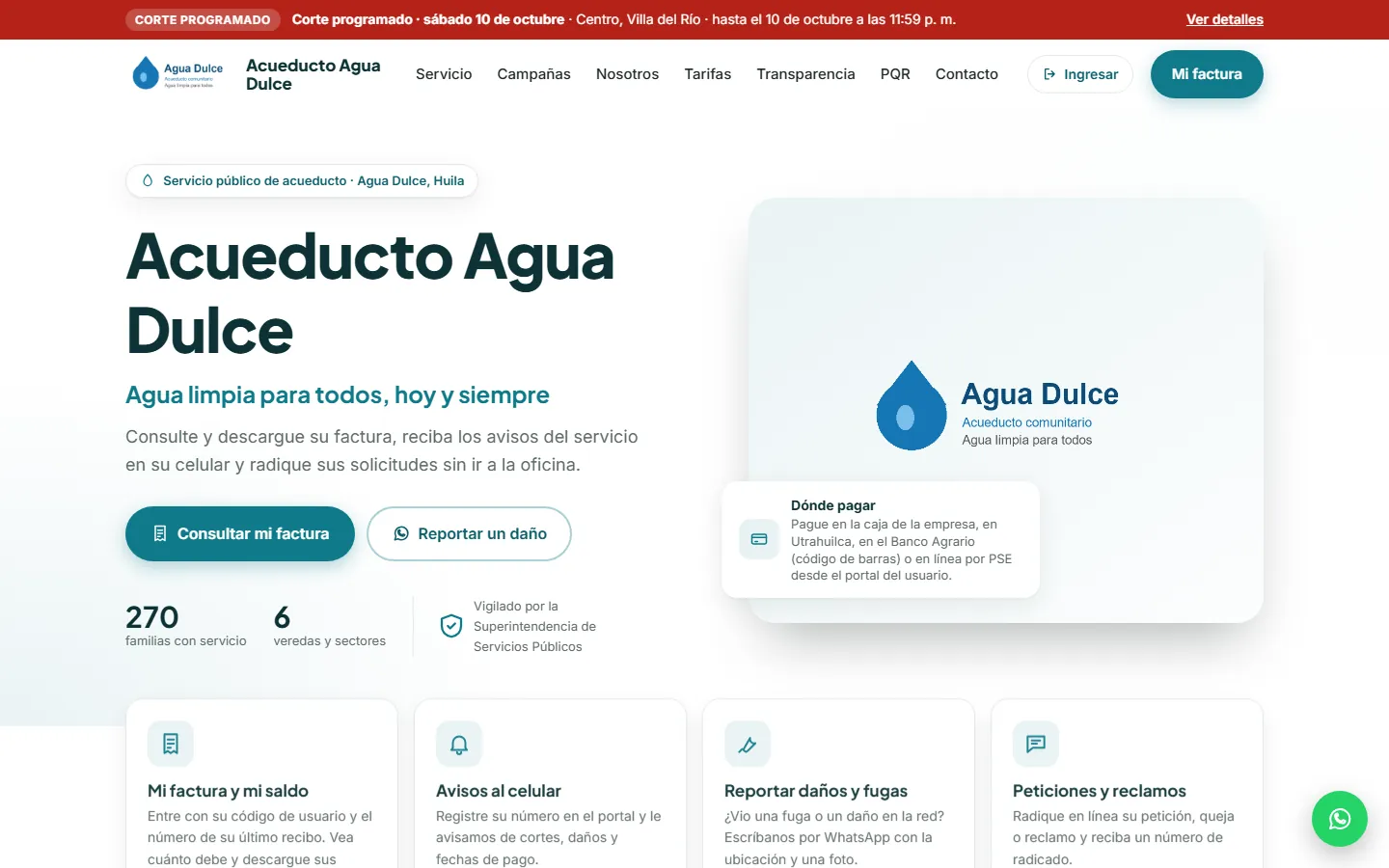 Página web de un acueducto hecha con Cauce