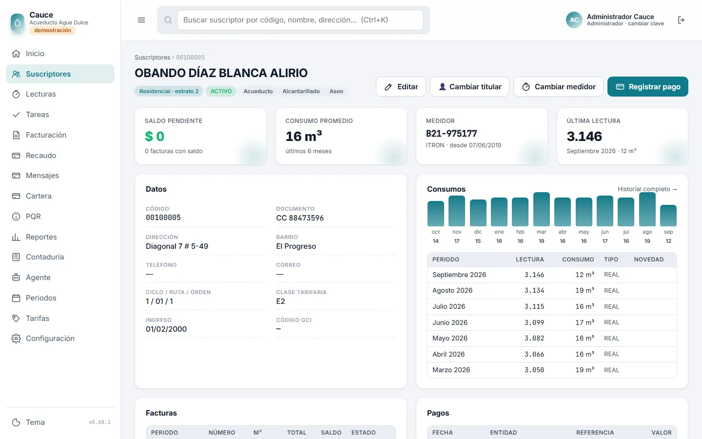 Ficha de un suscriptor en Cauce